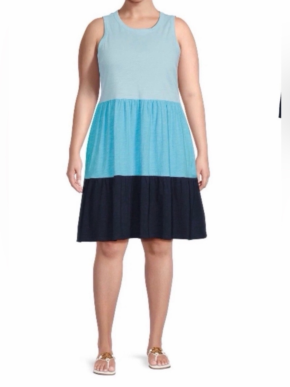 Terra & Sky 5X Woman's Blue Color Block Tier Cotton Dress